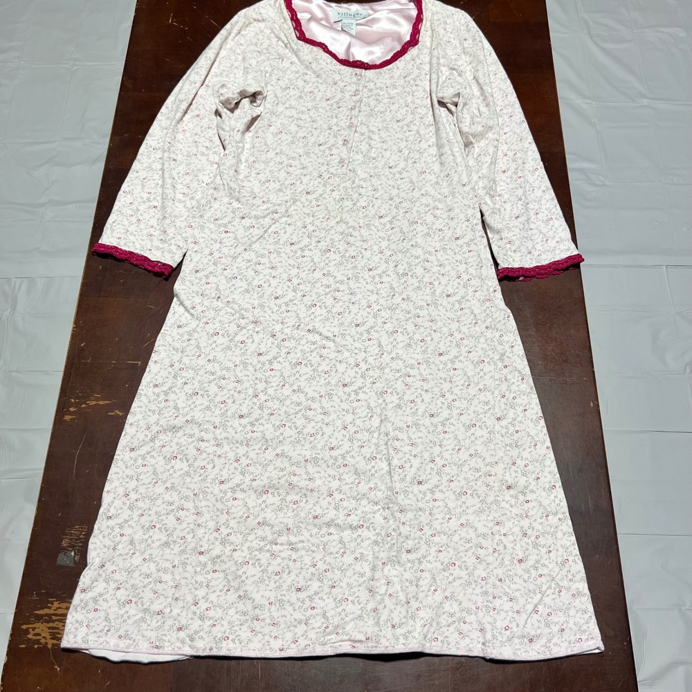 Villager Liz Claiborne Floral Cotton Nightgown Pink Lace Trim Small Vintage S